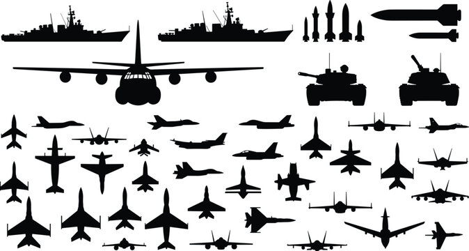 Military Defense Silhouette Collection Featuring Fighter Jets Bombers Tanks Warships Missiles and Transport Aircraft Set