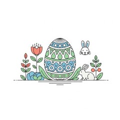 Fototapeta premium Easter Holiday Decorated Egg with Bunny Rabbits and Spring Flowers Flat Line Art Illustration