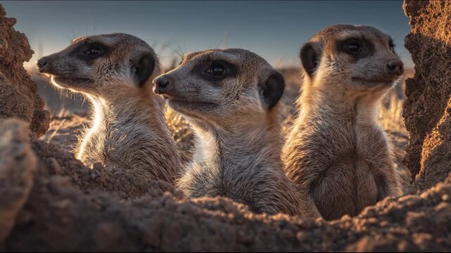 Three meerkats peeking out of a burrow at sunset in natural habitat