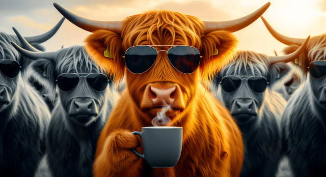 Ginger Highland cow wearing aviator sunglasses and holding a steaming coffee cup. Group of fuzzy cattle wearing shades in the morning light. Humorous cool animal concept for social media and ads.