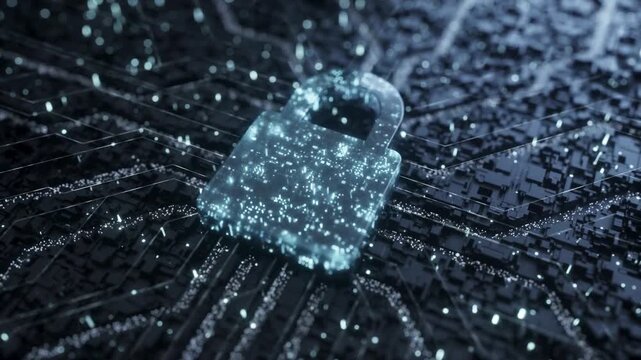 Cybersecurity digital padlock on circuit board, glowing blue data security icon, encrypted network protection and privacy concept