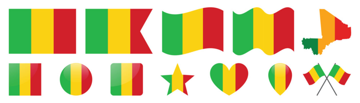 Set of Mali flags in different forms and styles.