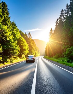 A car drives down a sunlit highway through a forested area