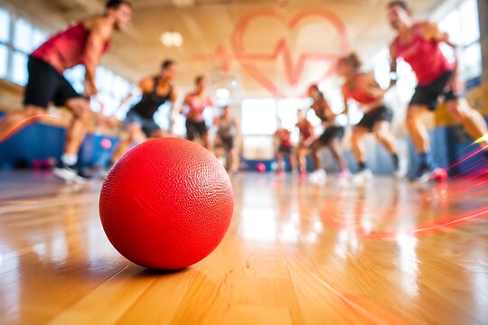 Bright red dodgeball in sharp focus on gym floor during energetic fitness class, featuring motion blur, teamwork, cardio training, athletic activity, and wellness.