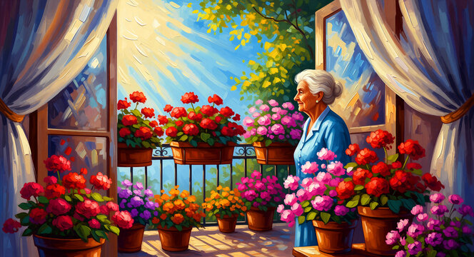 Senior woman smiling at vibrant flowers on a sunny balcony. Artistic oil painting of an elderly lady enjoying a home garden. Peaceful retirement lifestyle and gardening concept for wellness.