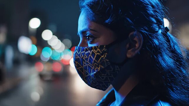 Woman wearing a patterned face mask at night with city lights blurred background