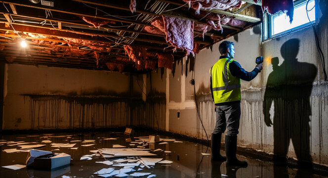 Inspector using thermal camera to check moisture in a flooded basement. Contractor evaluates water damage and ceiling leaks in a cellar. Ideal for home insurance claims and restoration services.