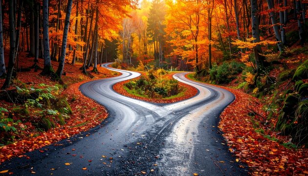 A forked road in an autumnal forest with vibrant orange and yellow foliage