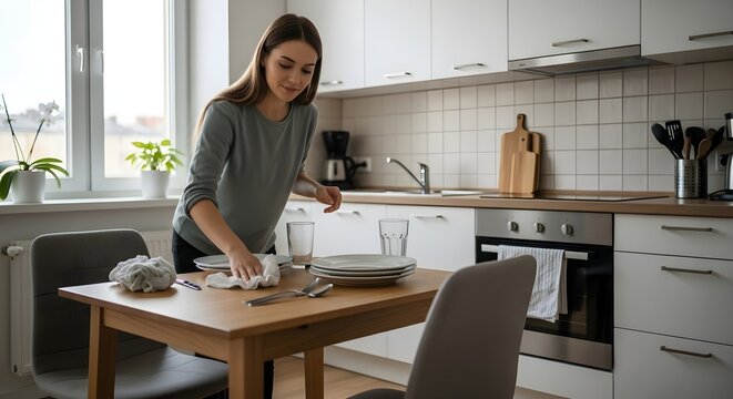 Young Woman Setting the Table in a Bright Modern Kitchen with White Cabinets and Natural Light