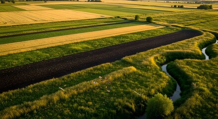 Obraz premium Aerial view of winding river and agricultural fields