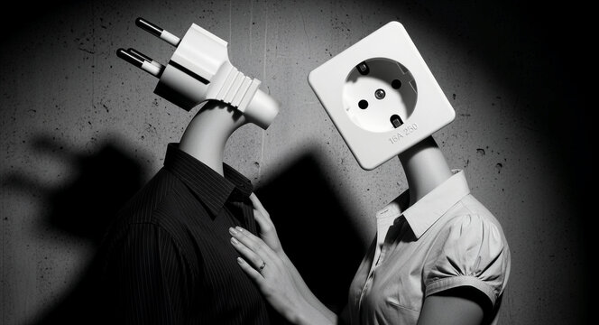Man with plug head and woman with socket head facing each other. Dramatic black and white metaphor for connection and attraction. Conceptual art for relationship chemistry and energy exchange.
