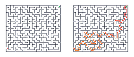 Obraz premium Two rectangular maze puzzles on transparent background. Left template with green entry and red exit arrow. Right solved labyrinth with drawn path. Concept of logic, strategy and problem solving.