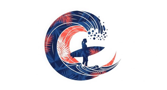 Surfing - Surfer Silhouette Standing With Board Inside Curling Ocean Wave With Tropical Palm Leaf Pattern