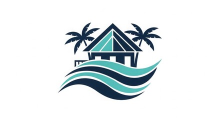 Obraz premium Travel - Tropical Beach Bungalow Logo with Palm Trees and Ocean Waves in Navy Blue and Teal