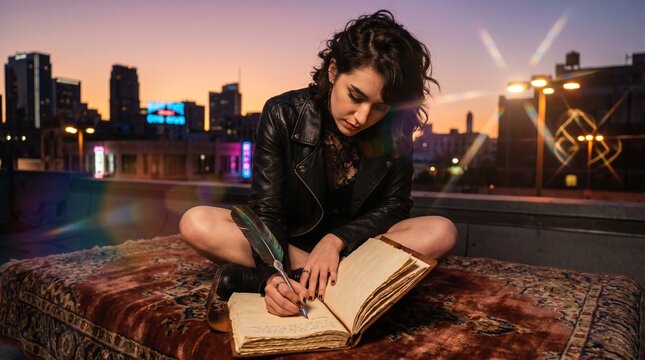 Creative Woman Writing with a Feather Pen on a Rooftop at Dusk