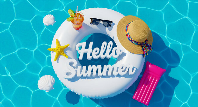 Hello Summer text in a white inflatable ring floating on blue pool water. Includes a cocktail, sunglasses, straw hat, and starfish. Tropical vacation concept for seasonal marketing.
