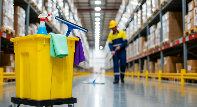Cleaning trolley with supplies in a large warehouse facility. Professional janitor mopping the floor in the background. Industrial hygiene concept ideal for commercial cleaning service marketing.