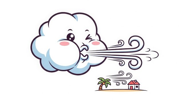 Weather - Cute Cartoon Cloud Character Blowing Strong Wind at Tropical House and Palm Tree Illustration