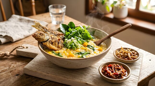 "traditional Indonesian Bubur Manado vegetable porridge garnished with crispy fried fish and sambal reflecting rich cultural gastronomy and healthy lifestyle"
