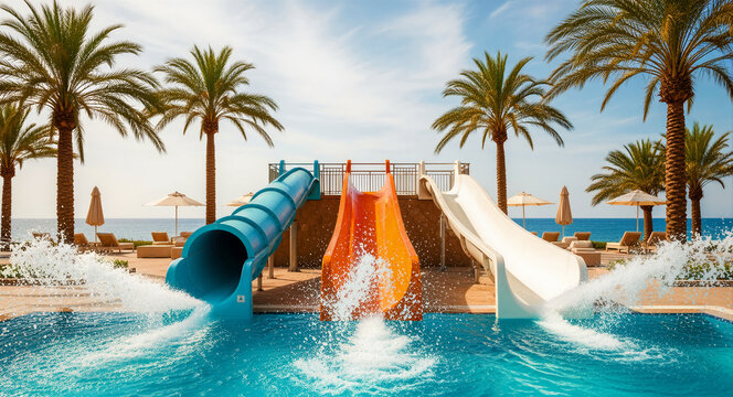 Colorful water slides splashing into a pool at a tropical resort. Palm trees and umbrellas overlook the ocean horizon. Summer fun and leisure concept for travel marketing.
