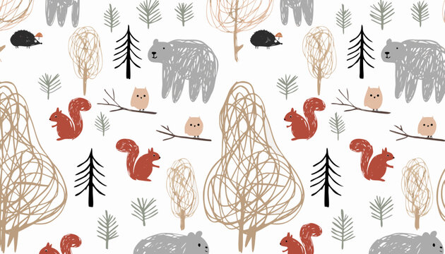 Seamless pattern with cute forest animals and trees