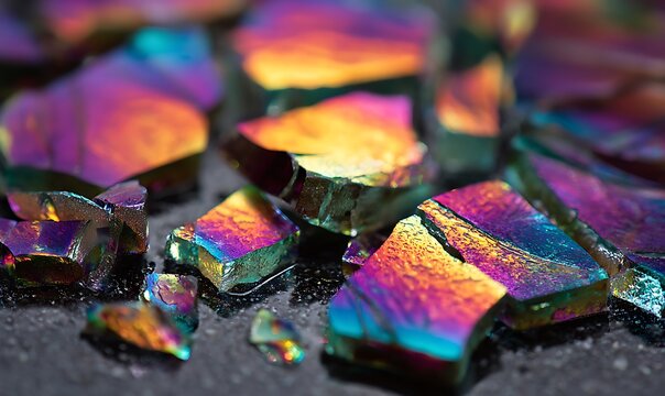 Close-up shot of iridescent, colorful glass shards with a metallic sheen. The sharp edges and vibrant hues create a striking, abstract visual
