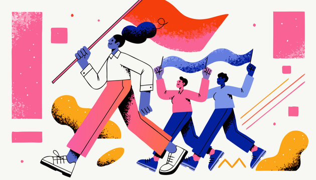 Group of diverse people marching with flags and banners, protest or celebration concept, flat vector illustration