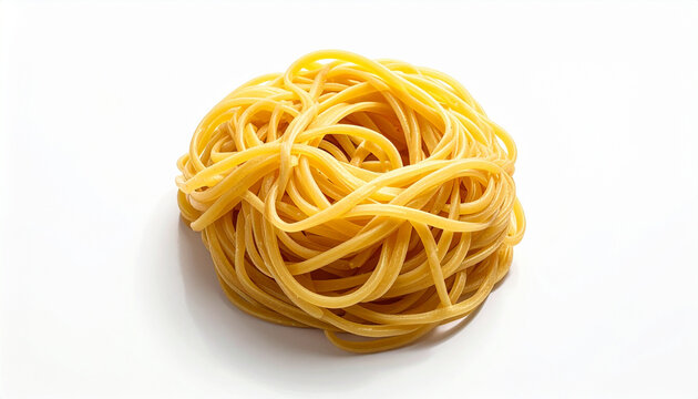 Close up of golden spaghetti pasta nest on a clean white background