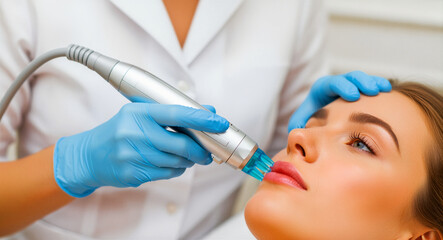 Fototapeta premium Cosmetologist performing a hydrafacial treatment on a woman's face. Professional using a vacuum device for deep skin cleansing and rejuvenation. Beauty clinic concept for aesthetic medicine marketing.