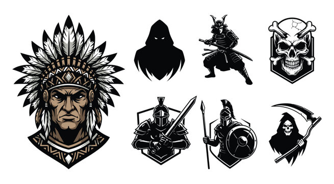 Warrior Silhouettes And Symbols Black Vector Illustrations On White Background