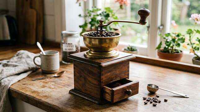 Vintage coffee grinder on kitchen counter illustration
