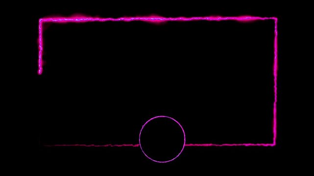 Neon frame with burning pink electric lines shaping a rectangular border with a circle on a isolated black background.