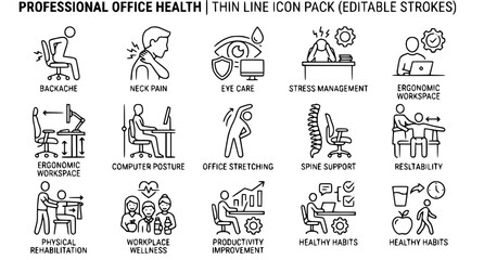 Fototapeta premium Workplace wellness thin line icon collection with office syndrome and ergonomic symbols