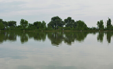 Fototapeta premium Serene landscape of a calm lake reflecting lush green trees under a cloudy sky on a tranquil day with gentle ripples across the waters surface.