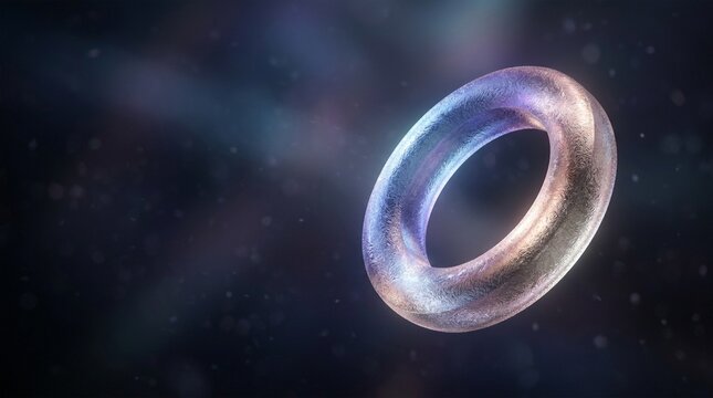 Abstract transparent torus shape with iridescent light reflections and bokeh effect in dark space