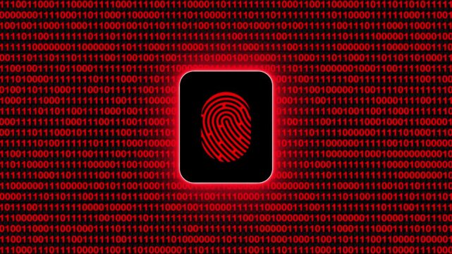 Digital fingerprint scanner on red binary code background for cyber security and surveillance