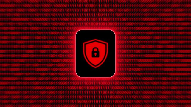 Red security shield icon with lock animation over digital binary code data stream motion