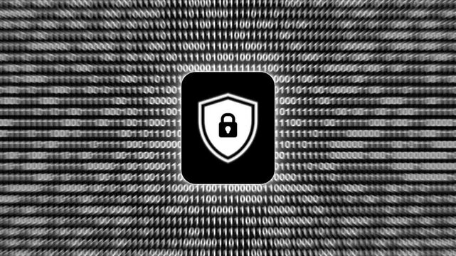 Cyber security digital background with shield icon and locked padlock symbol on binary matrix