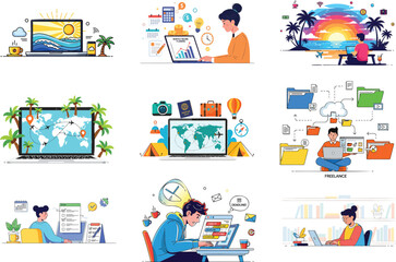 Fototapeta premium Digital nomad and freelance work life set, nine scenes msea set remote work