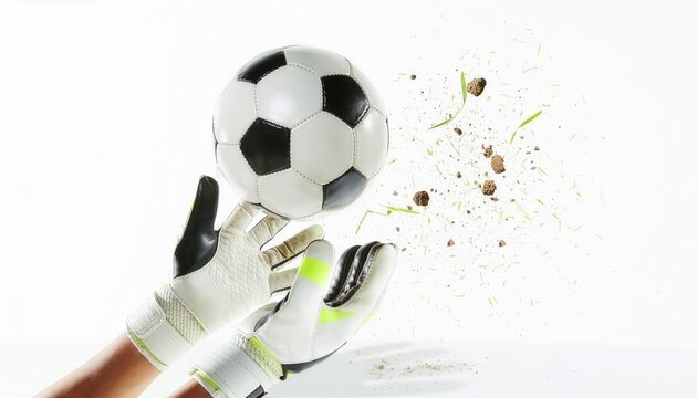 Goalkeeper gloves dramatically catching flying soccer ball with exploding dirt particles.
