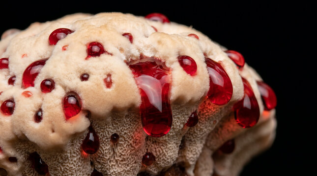 Hydnellum peckii Fungus Unique Bleeding Tooth with Vibrant Red Droplets.