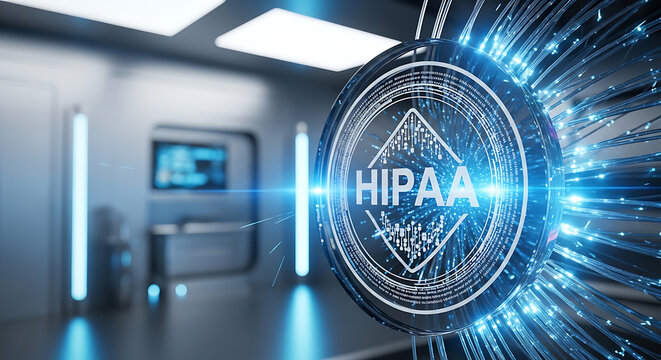HIPAA Compliance Concept in Futuristic Medical Environment with Glowing Digital Interface and Fiber Optic Data Protection for Healthcare Privacy