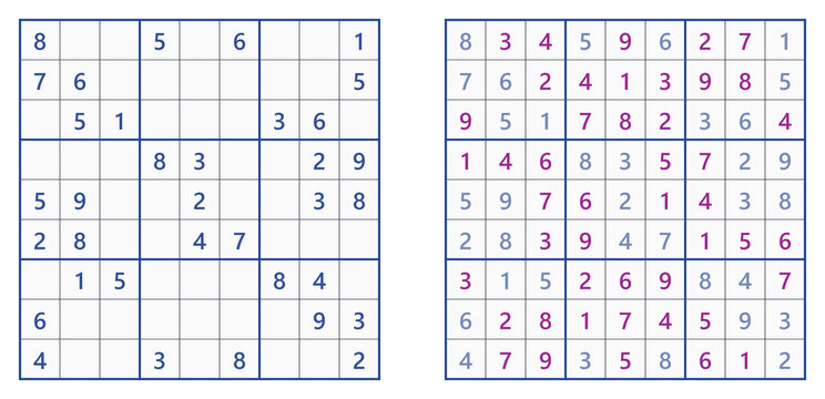 Sudoku solution page with completed grid on right and empty grid on left  