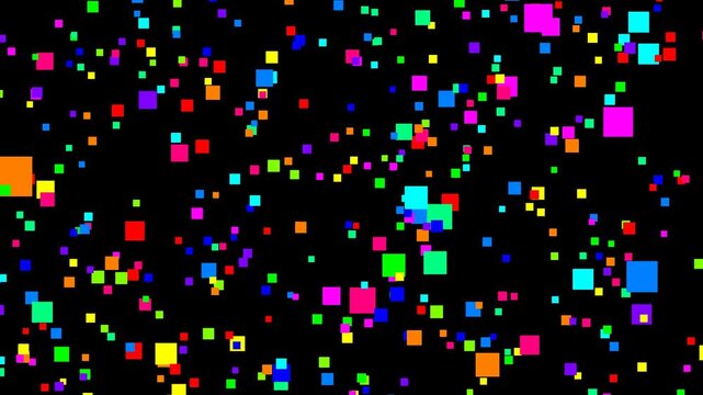 Futuristic graphics with animation of multicolored pixel squares on a black background in a retro 8-bit style. Multicolored pixel confetti on black.