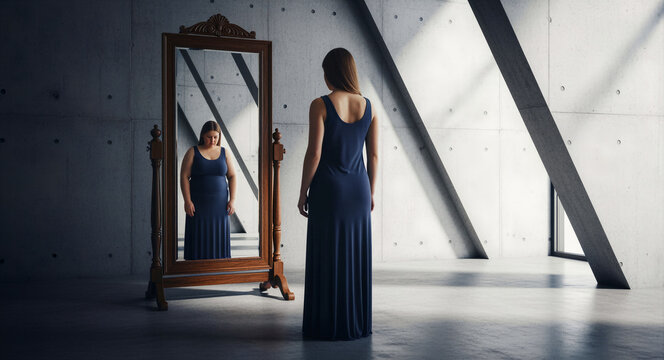 Slim woman looking into a mirror with an overweight reflection. Modern concrete architecture highlights the psychological struggle. Body dysmorphia concept, ideal for mental health awareness ads.