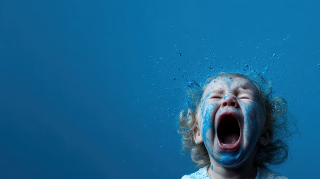 A child screams with exhilaration as blue paint splashes around, capturing the essence of childhood joy and uninhibited creativity against a simple blue backdrop.