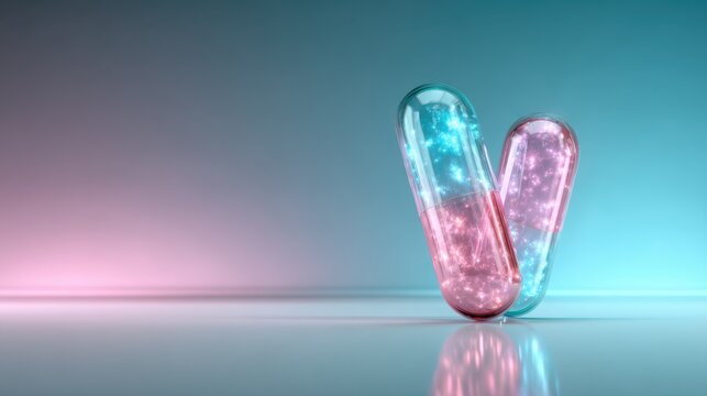 Two colorful capsules glimmer with starlike sparkles, embodying futuristic beauty and potential, set against a soft gradient backdrop that invokes a sense of wonder and imagination.