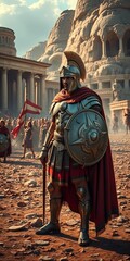 Obraz premium Legionary in full battle gear stands firm on ancient battlefield, battle, tactics