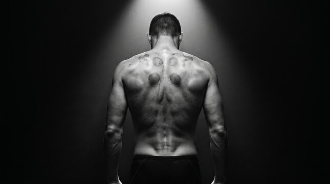 Shirtless muscular man with tattooed back standing in spotlight