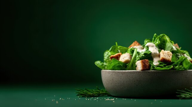 A vibrant bowl of fresh spinach salad topped with croutons and a creamy dressing, showcasing healthy eating and colorful presentation for food enthusiasts and bloggers.